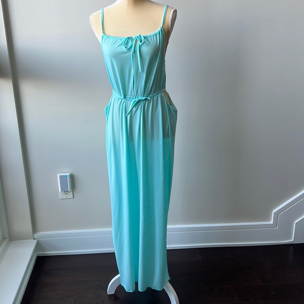 High Slit Baby Blue Long Dress with Cutouts, Tie at Front, Size Medium NWOT